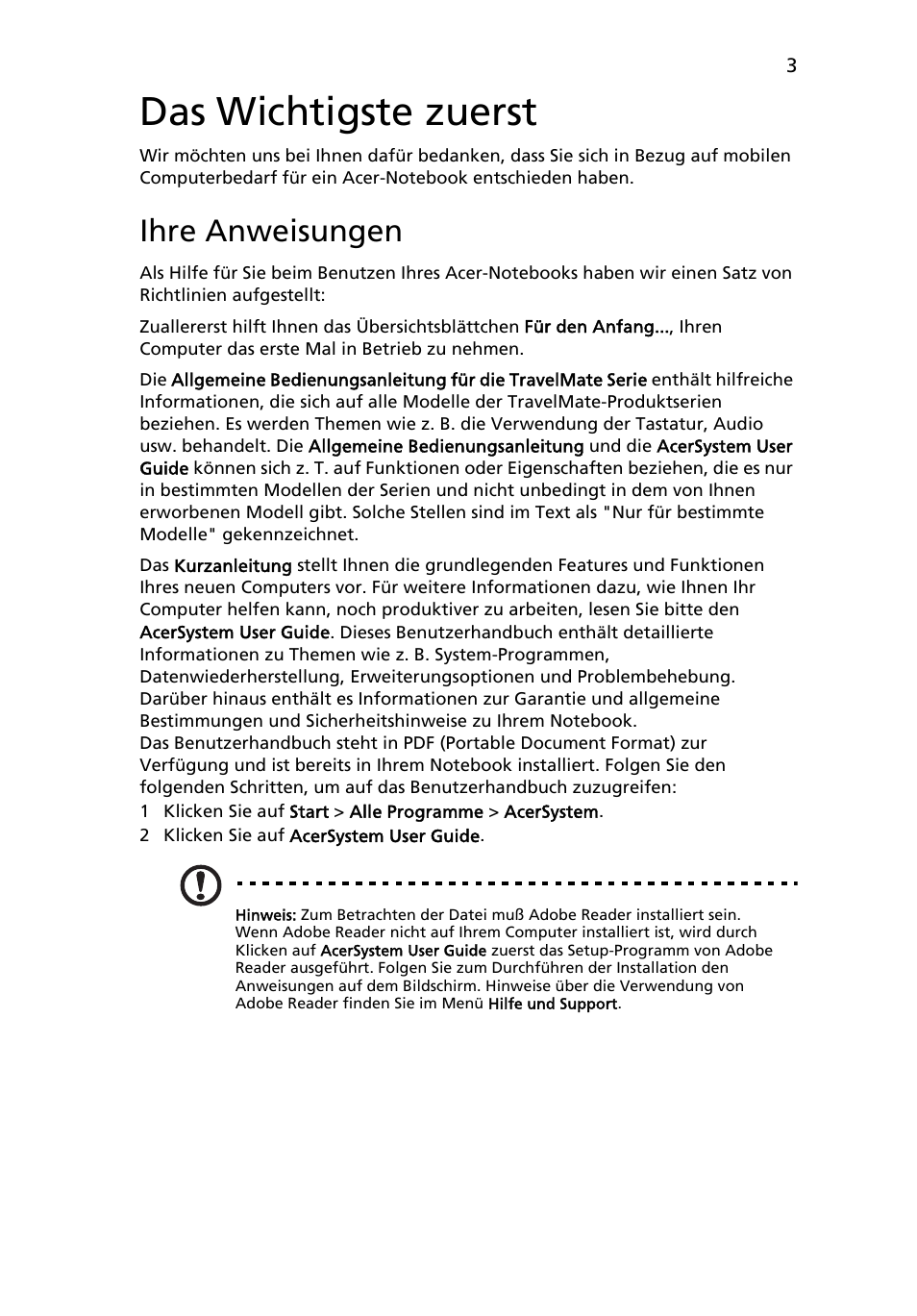 Das wichtigste zuerst, Ihre anweisungen | Acer TravelMate 7740ZG User Manual | Page 25 / 314