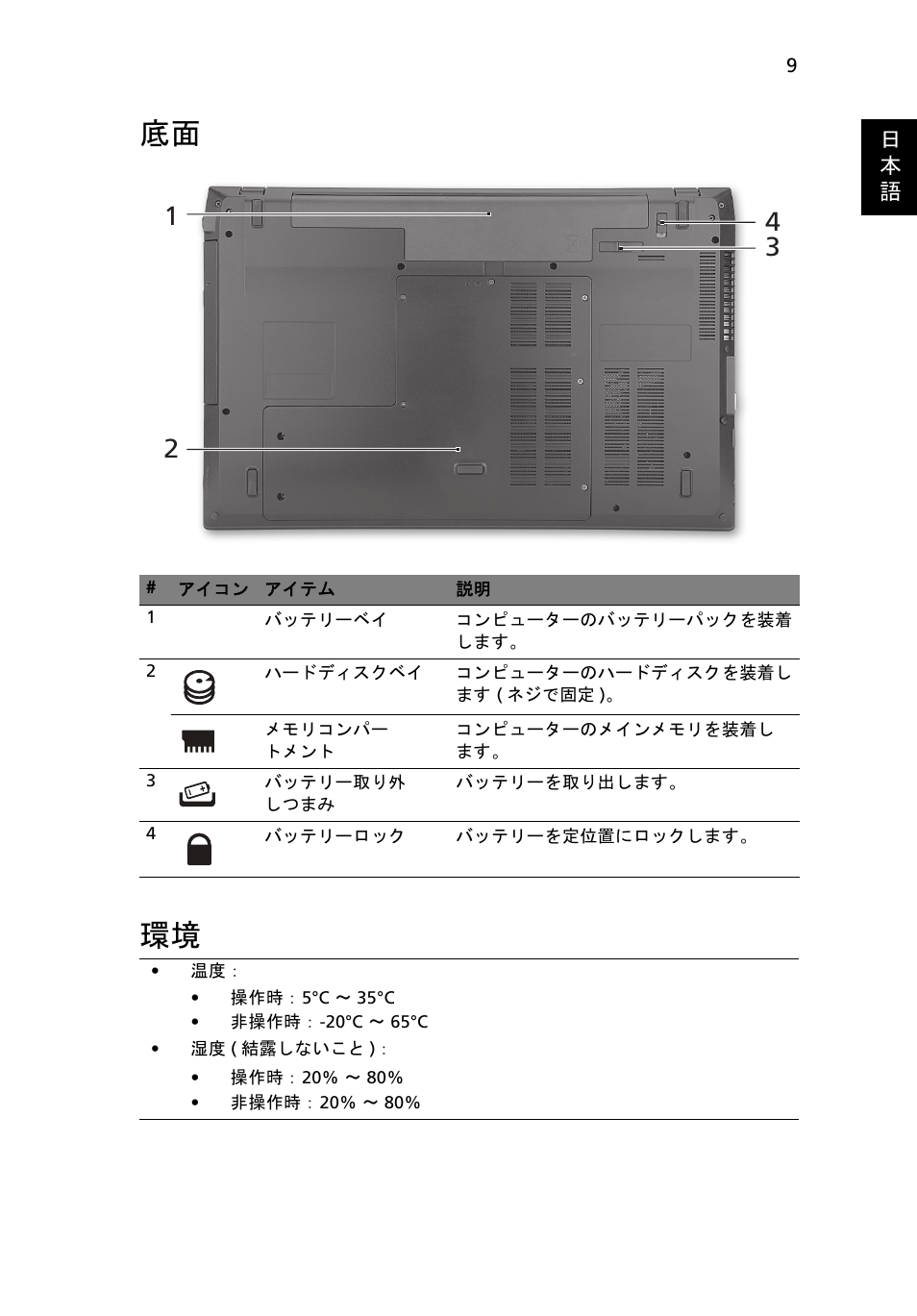 底面 環境 | Acer TravelMate 7740ZG User Manual | Page 263 / 314