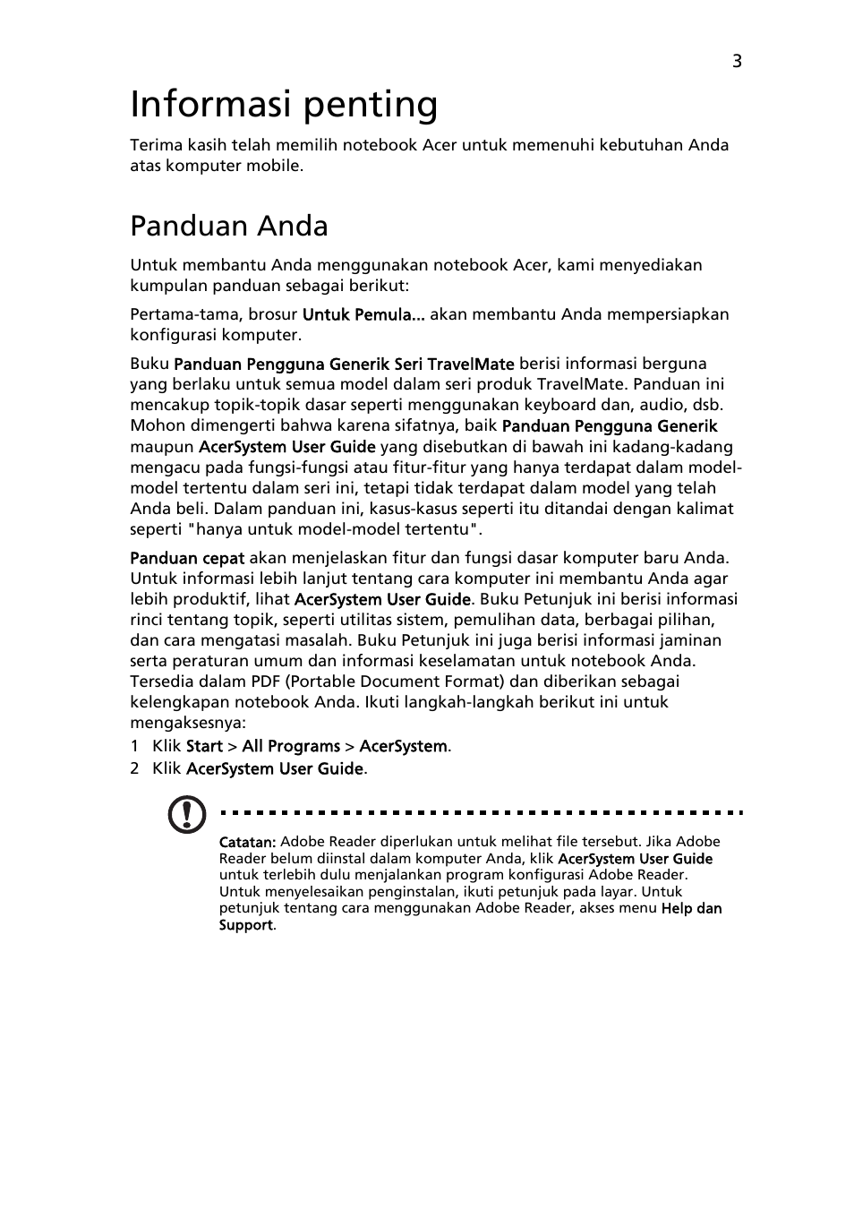 Informasi penting, Panduan anda | Acer TravelMate 7740ZG User Manual | Page 297 / 314