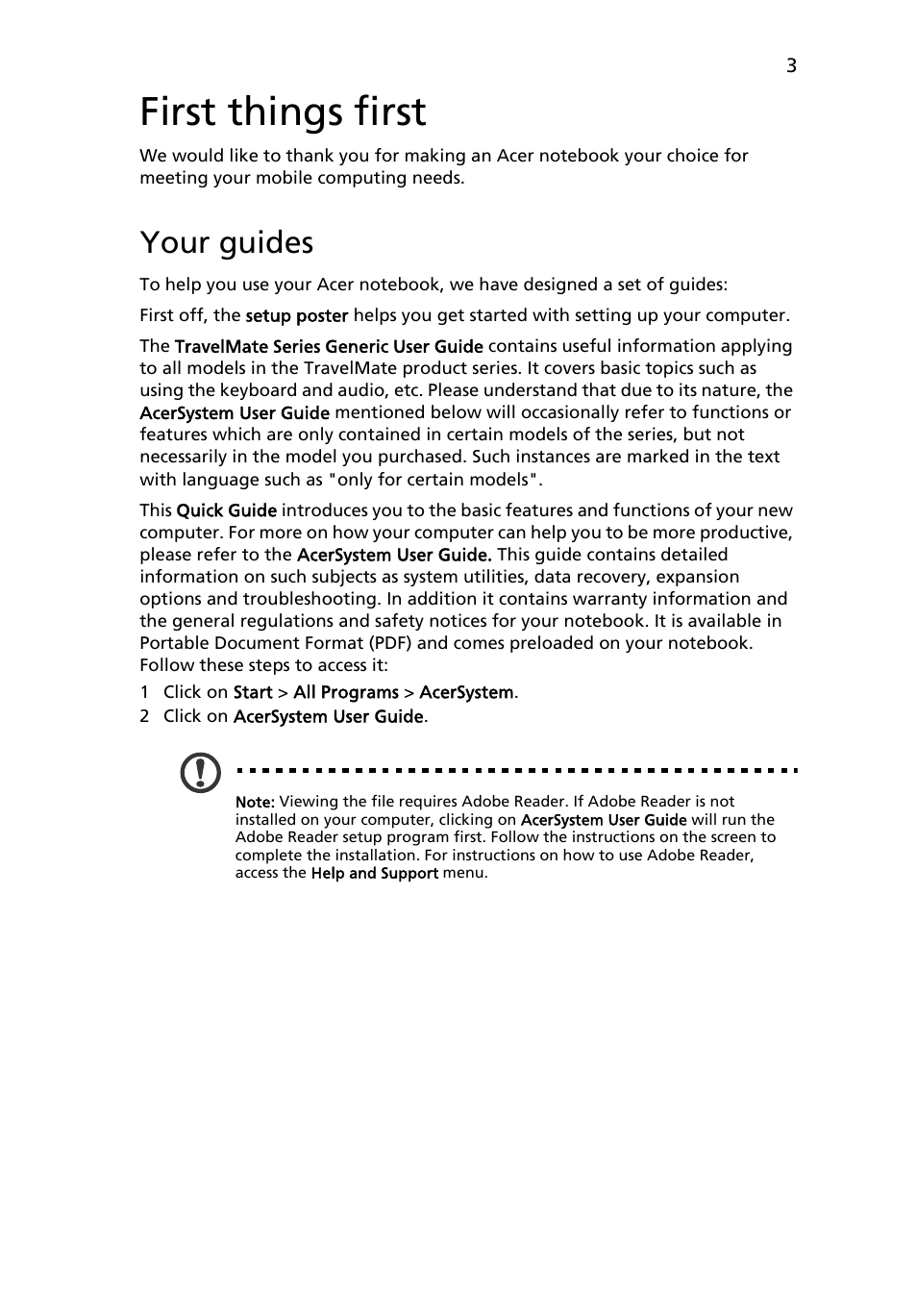 First things first, Your guides | Acer TravelMate 7740ZG User Manual | Page 5 / 314