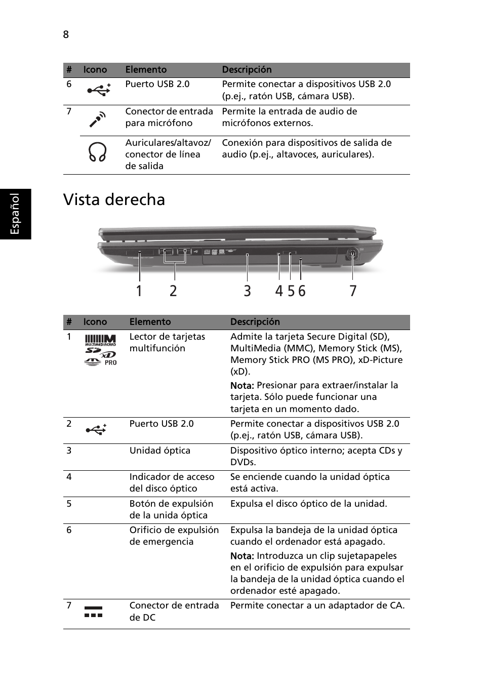 Vista derecha | Acer TravelMate 7740ZG User Manual | Page 50 / 314
