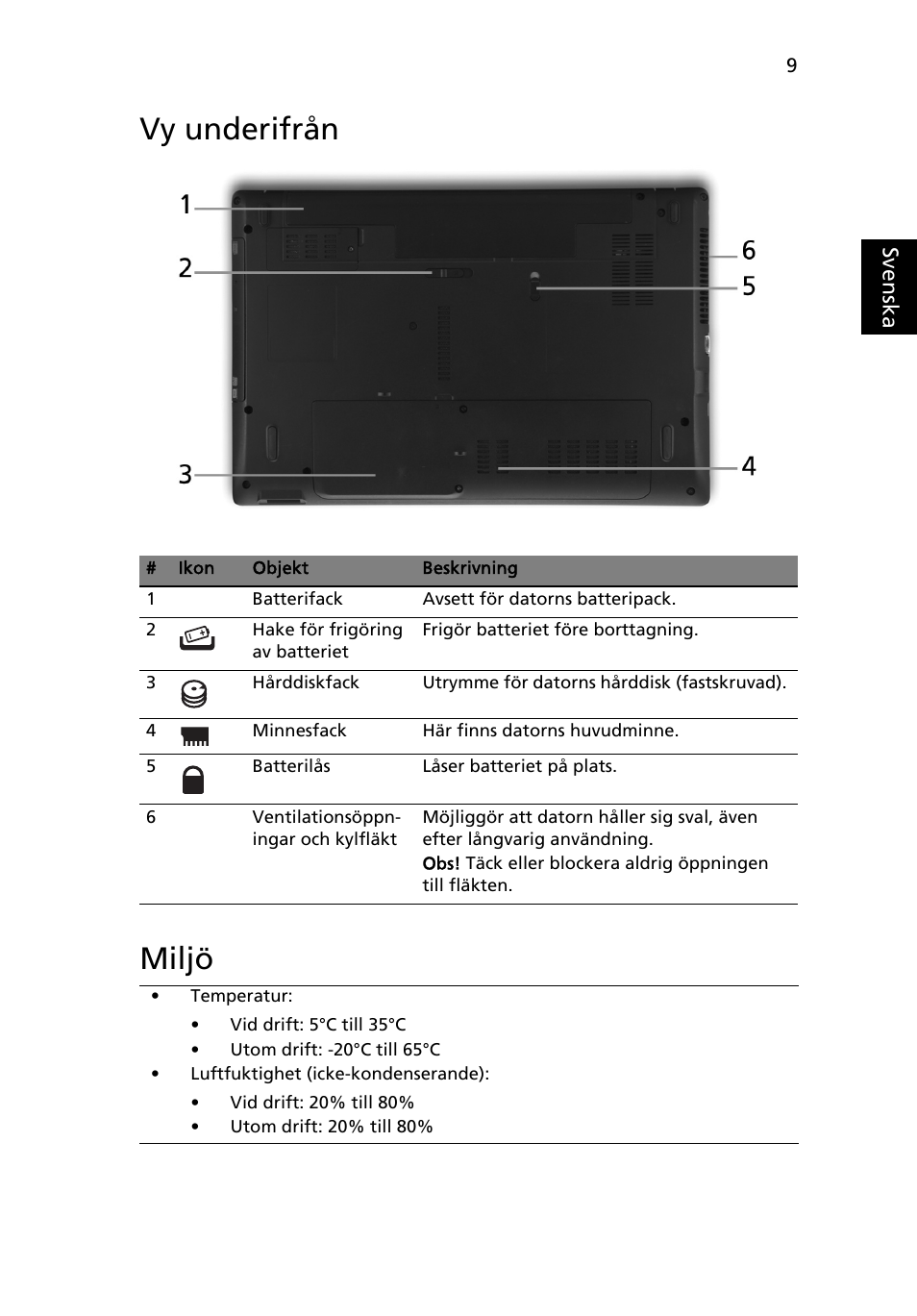 Vy underifrån, Miljö, Vy underifrån miljö | Acer Aspire 5551G User Manual | Page 103 / 313