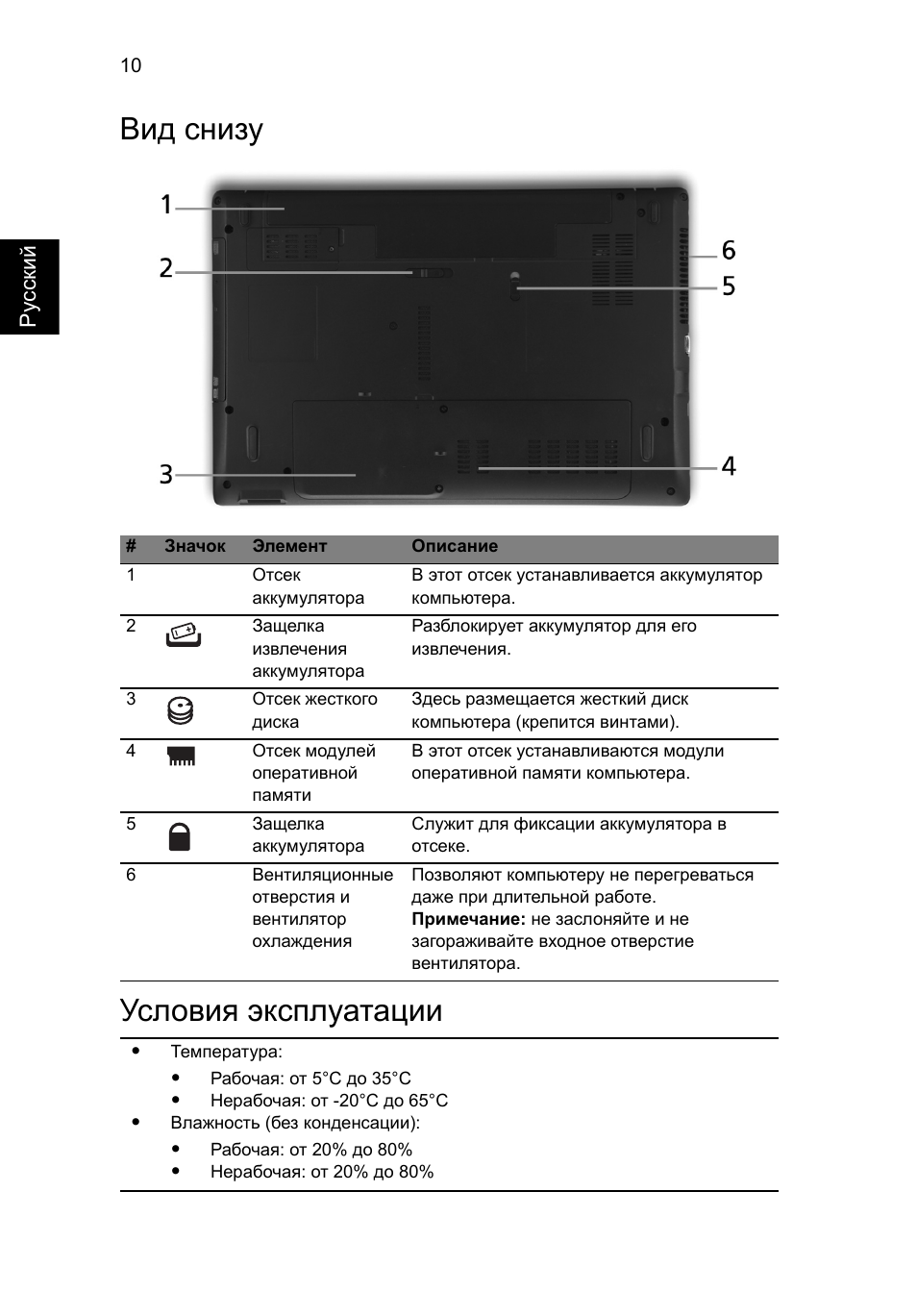Вид снизу, Условия эксплуатации, Вид снизу условия эксплуатации | Acer Aspire 5551G User Manual | Page 124 / 313