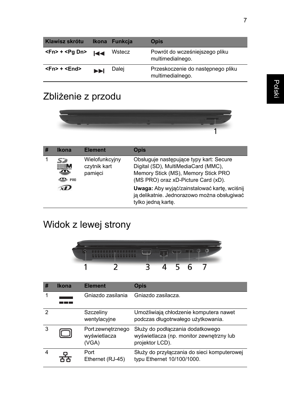 Zbliżenie z przodu, Widok z lewej strony, Zbliżenie z przodu widok z lewej strony | Acer Aspire 5551G User Manual | Page 131 / 313