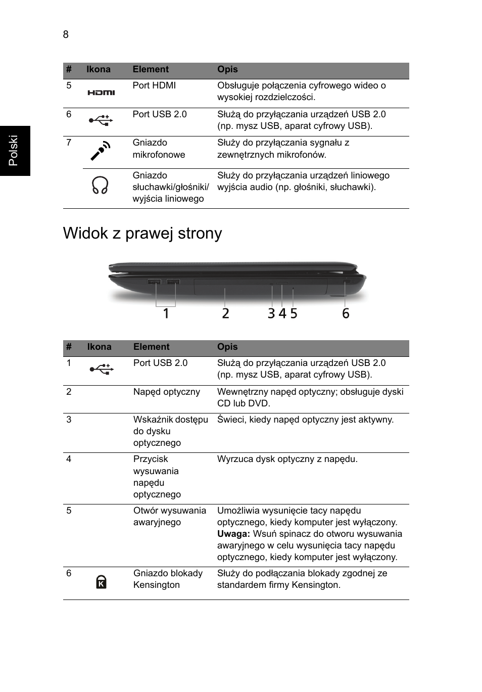 Widok z prawej strony, Polski | Acer Aspire 5551G User Manual | Page 132 / 313