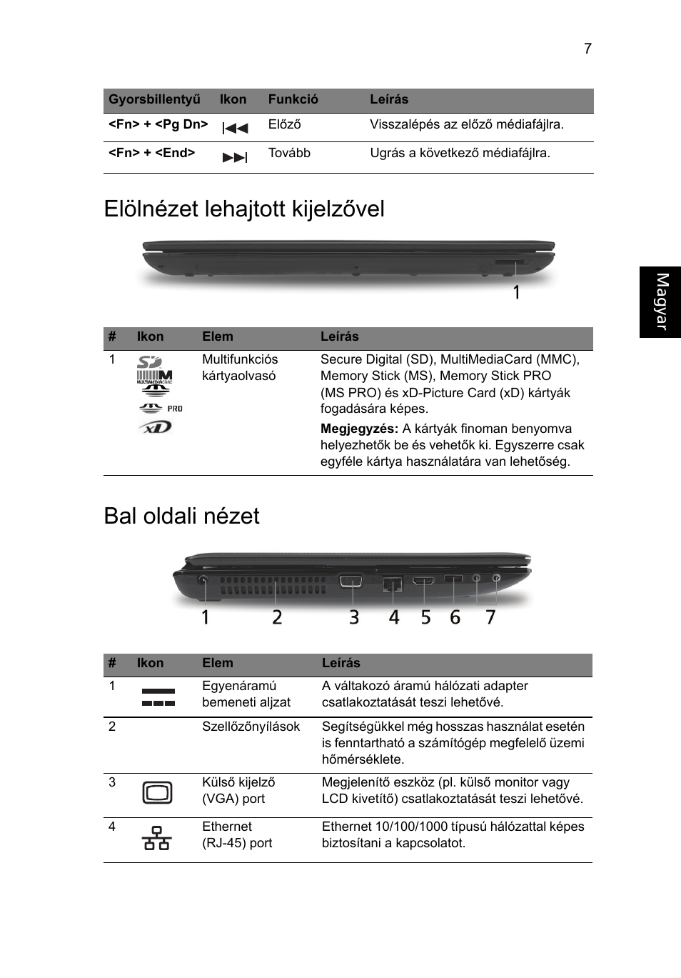 Elölnézet lehajtott kijelzővel, Bal oldali nézet, Elölnézet lehajtott kijelzővel bal oldali nézet | Acer Aspire 5551G User Manual | Page 141 / 313