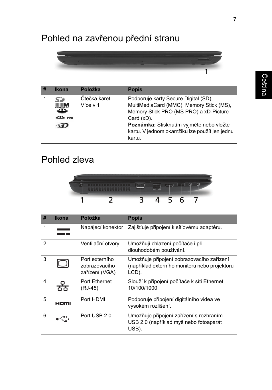 Pohled na zavřenou přední stranu, Pohled zleva, Pohled na zavřenou přední stranu pohled zleva | Acer Aspire 5551G User Manual | Page 151 / 313