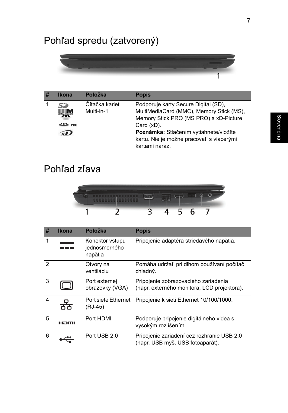 Pohľad spredu (zatvorený), Pohľad zľava, Pohľad spredu (zatvorený) pohľad zľava | Acer Aspire 5551G User Manual | Page 161 / 313