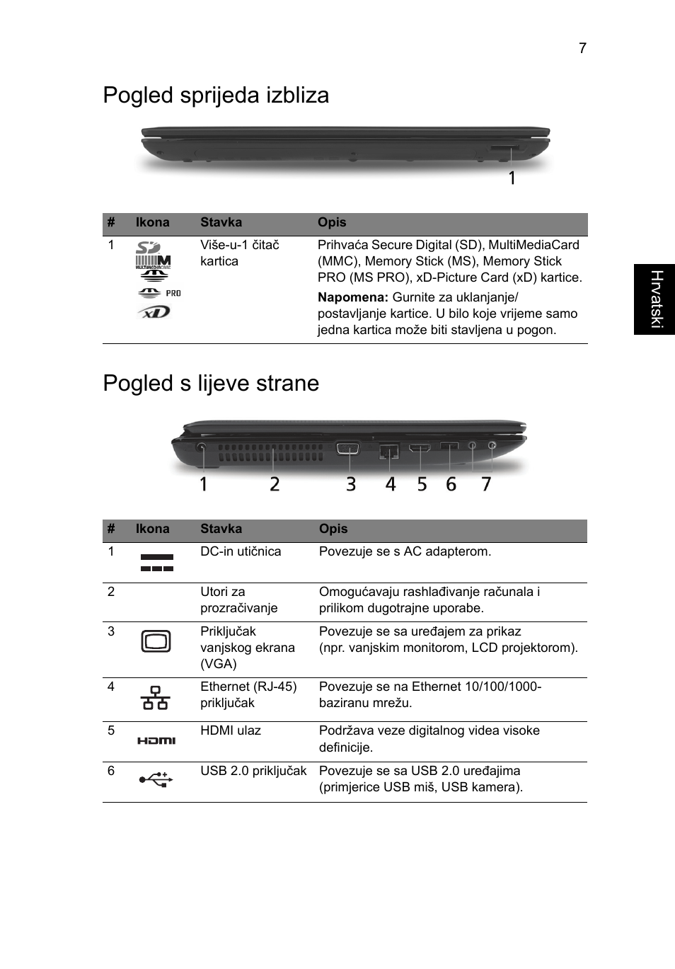 Pogled sprijeda izbliza, Pogled s lijeve strane, Pogled sprijeda izbliza pogled s lijeve strane | Acer Aspire 5551G User Manual | Page 181 / 313