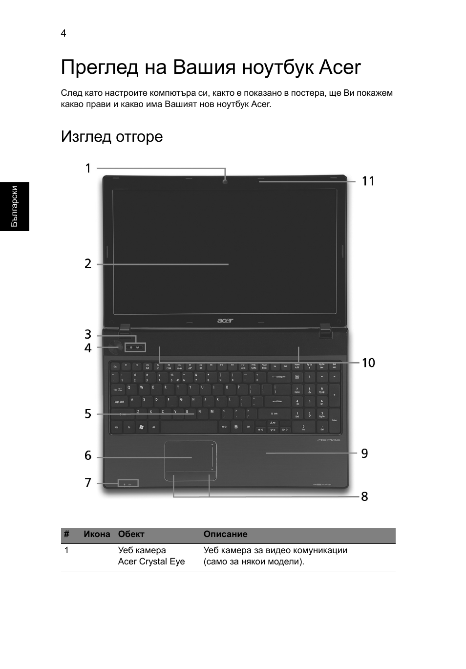 Преглед на вашия ноутбук acer, Изглед отгоре | Acer Aspire 5551G User Manual | Page 198 / 313