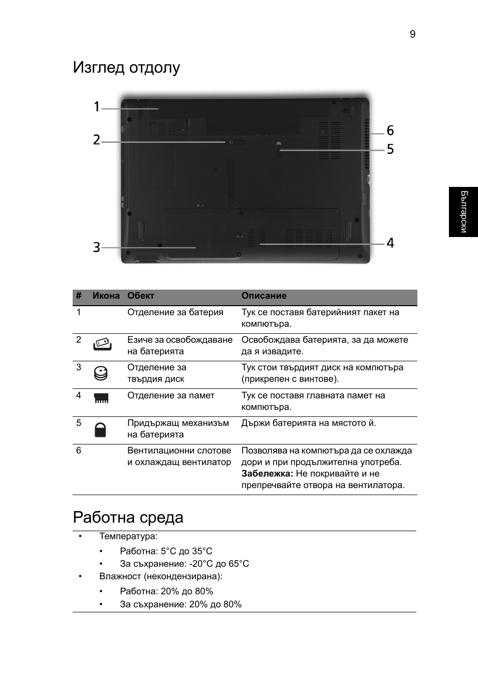 Изглед отдолу, Работна среда, Изглед отдолу работна среда | Acer Aspire 5551G User Manual | Page 203 / 313
