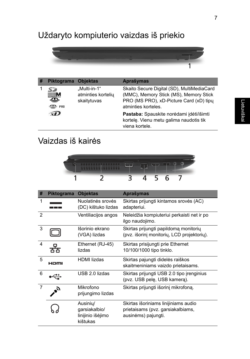 Uždaryto kompiuterio vaizdas iš priekio, Vaizdas iš kairės | Acer Aspire 5551G User Manual | Page 231 / 313
