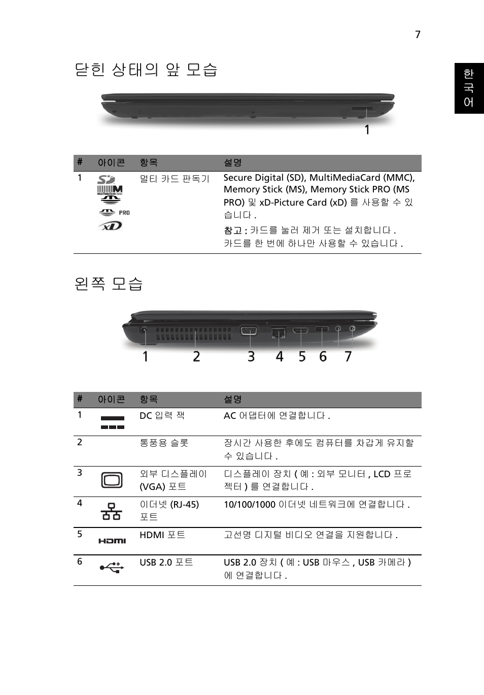 닫힌 상태의 앞 모습, 왼쪽 모습, 닫힌 상태의 앞 모습 왼쪽 모습 | Acer Aspire 5551G User Manual | Page 271 / 313