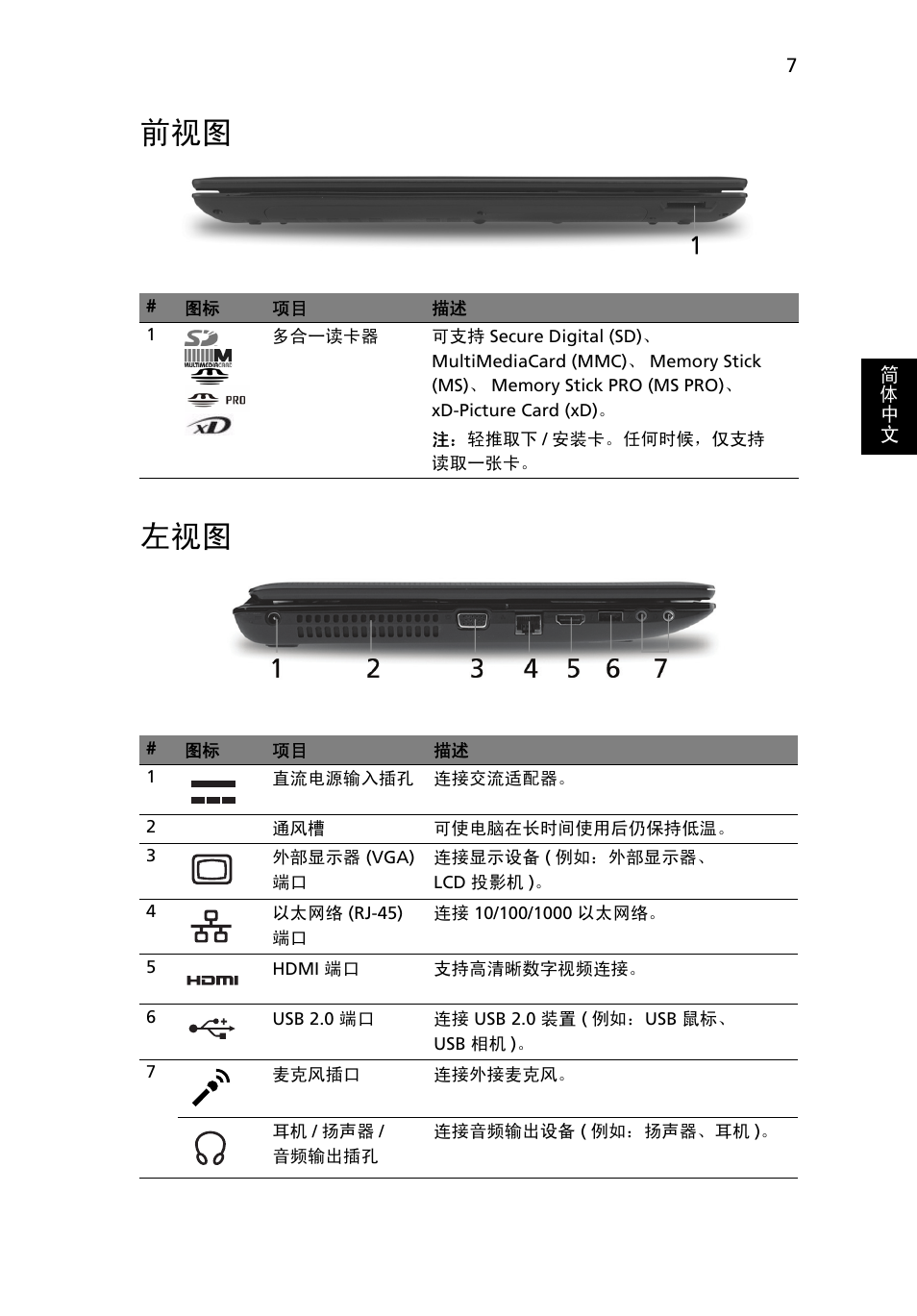 前视图 左视图 | Acer Aspire 5551G User Manual | Page 291 / 313