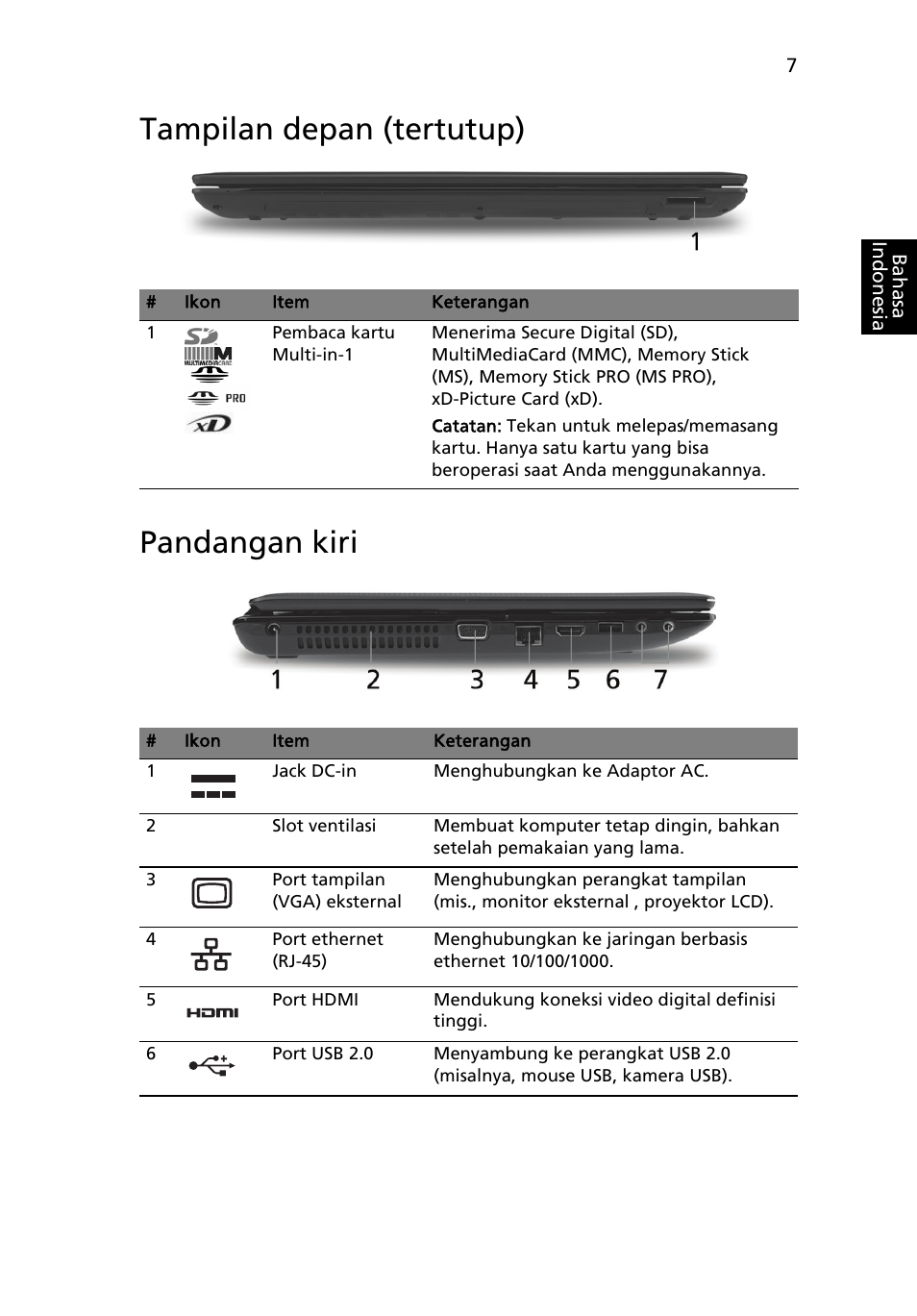 Tampilan depan (tertutup), Pandangan kiri, Tampilan depan (tertutup) pandangan kiri | Acer Aspire 5551G User Manual | Page 301 / 313