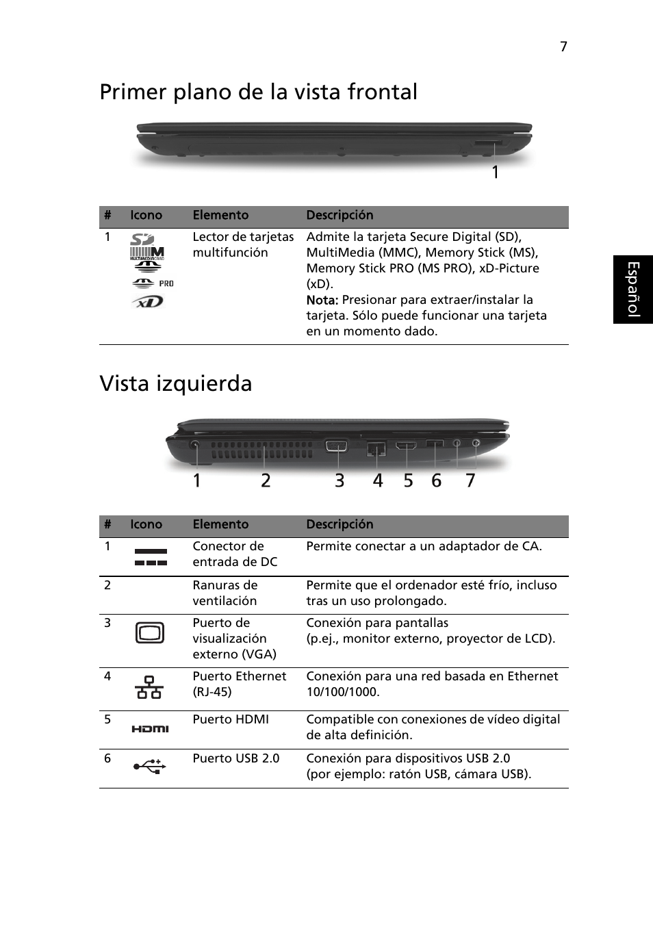 Primer plano de la vista frontal, Vista izquierda, Primer plano de la vista frontal vista izquierda | Acer Aspire 5551G User Manual | Page 49 / 313