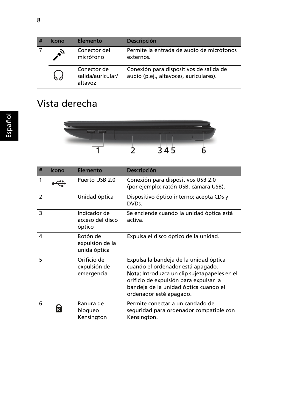 Vista derecha | Acer Aspire 5551G User Manual | Page 50 / 313