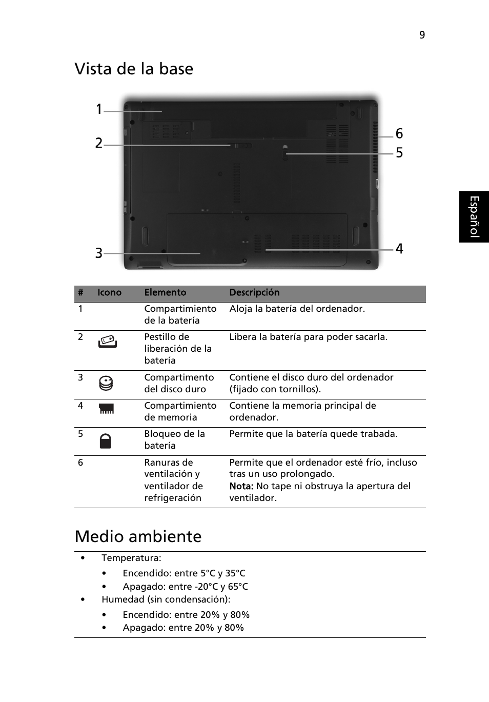 Vista de la base, Medio ambiente, Vista de la base medio ambiente | Acer Aspire 5551G User Manual | Page 51 / 313