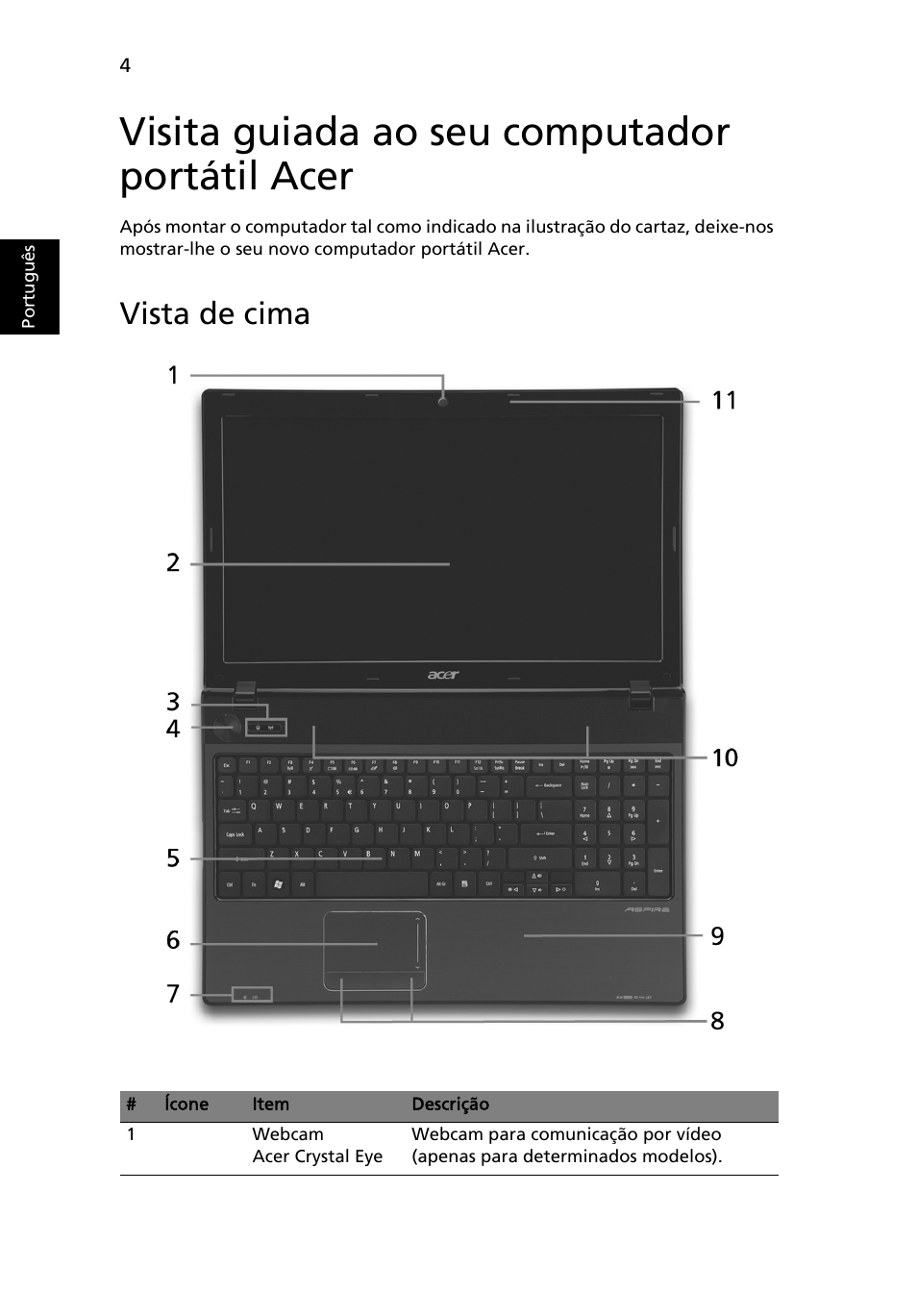 Visita guiada ao seu computador portátil acer, Vista de cima | Acer Aspire 5551G User Manual | Page 58 / 313