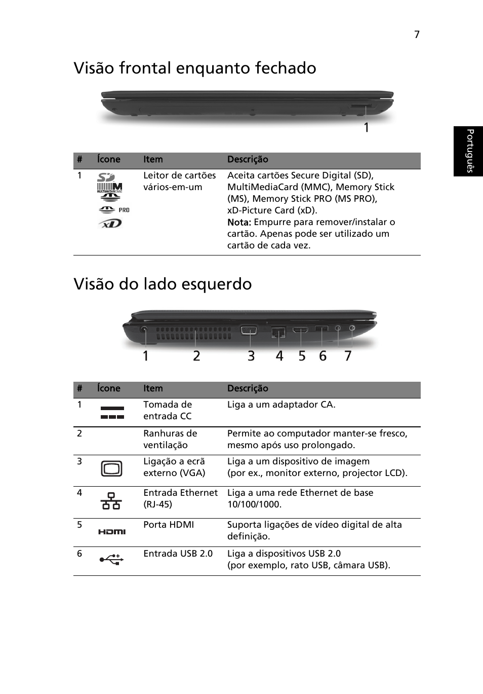 Visão frontal enquanto fechado, Visão do lado esquerdo | Acer Aspire 5551G User Manual | Page 61 / 313