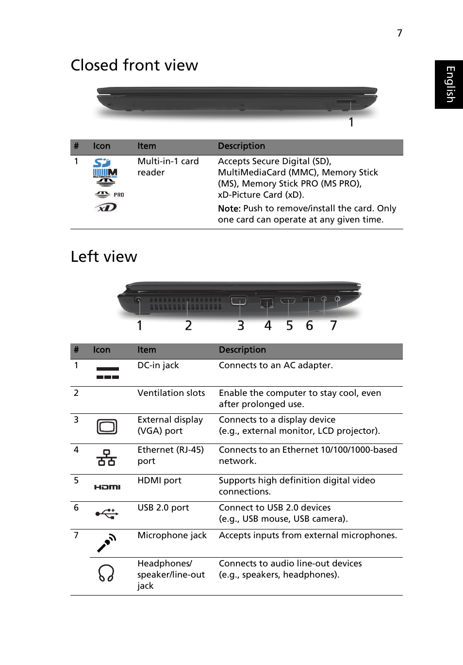 Closed front view, Left view, Closed front view left view | Acer Aspire 5551G User Manual | Page 9 / 313