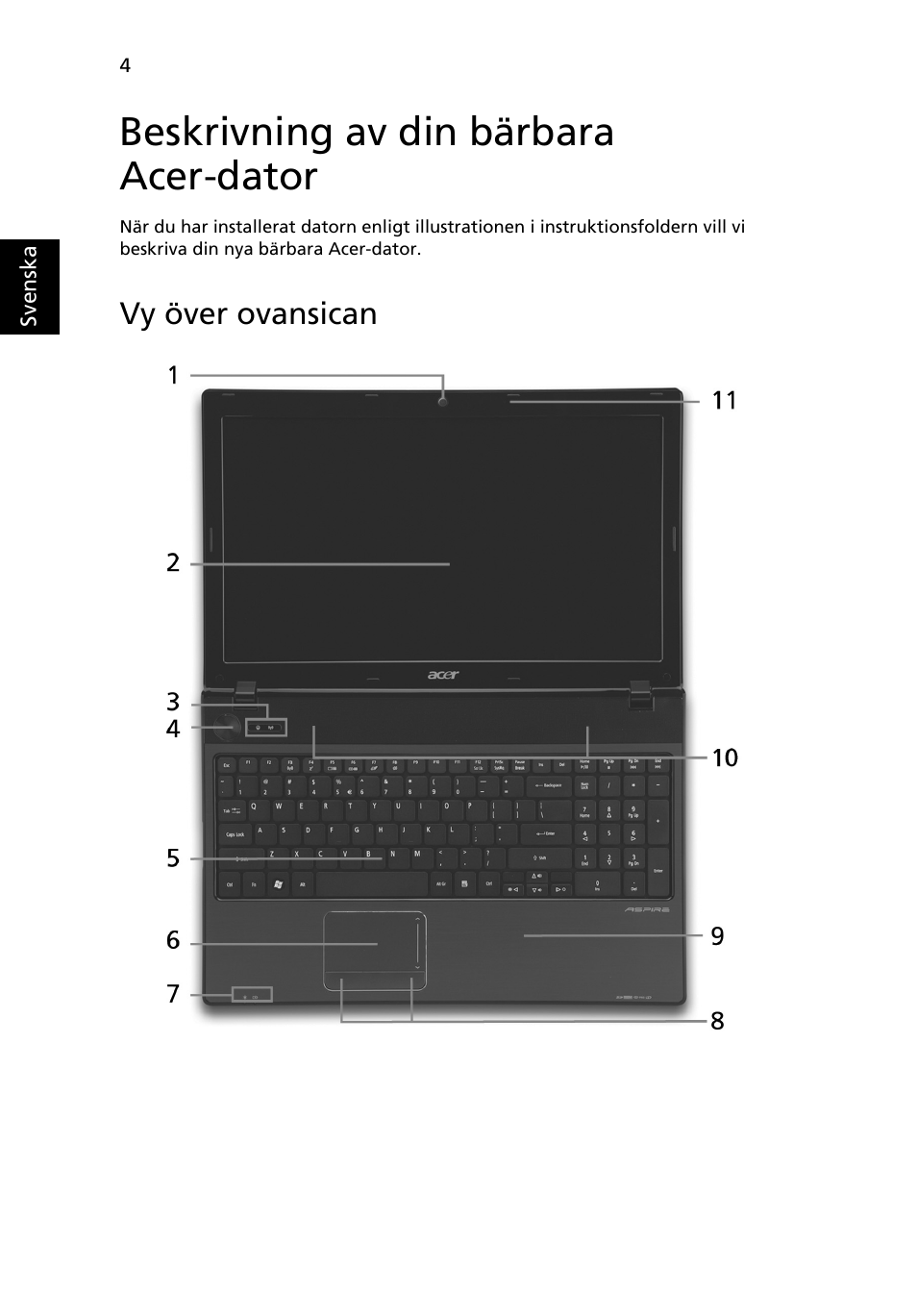 Beskrivning av din bärbara acer-dator, Vy över ovansican | Acer Aspire 5551G User Manual | Page 98 / 313