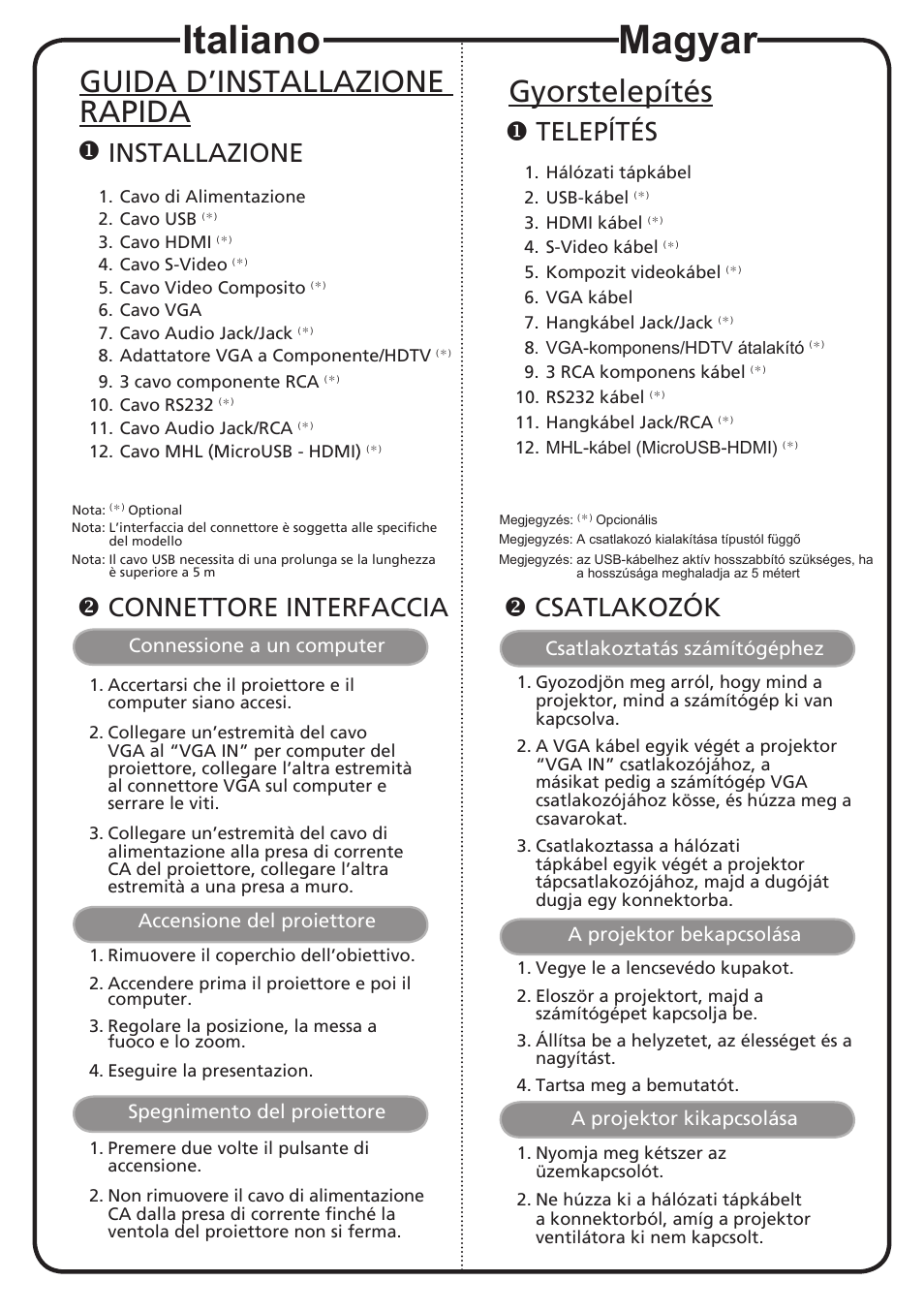 Magyar, Italiano, Gyorstelepítés | Guida d’installazione rapida, Telepítés, Csatlakozók, Installazione, Connettore interfaccia | Acer XS-X10 User Manual | Page 7 / 18