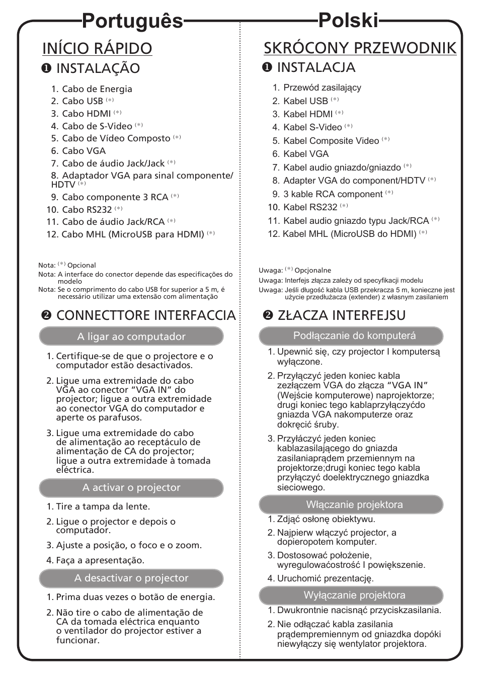 Português, Polski, Início rápido | Skrócony przewodnik, Instalação, Connecttore interfaccia, Instalacja, Złacza interfejsu | Acer XS-X10 User Manual | Page 9 / 18