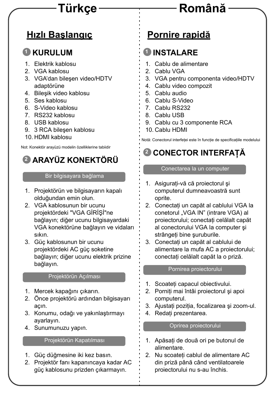 Türkçe română, Hızlı başlangıç, Pornire rapidă | Kurulum, Arayüz konektörü, Instalare, Conector interfaţă | Acer X1311KW User Manual | Page 10 / 20