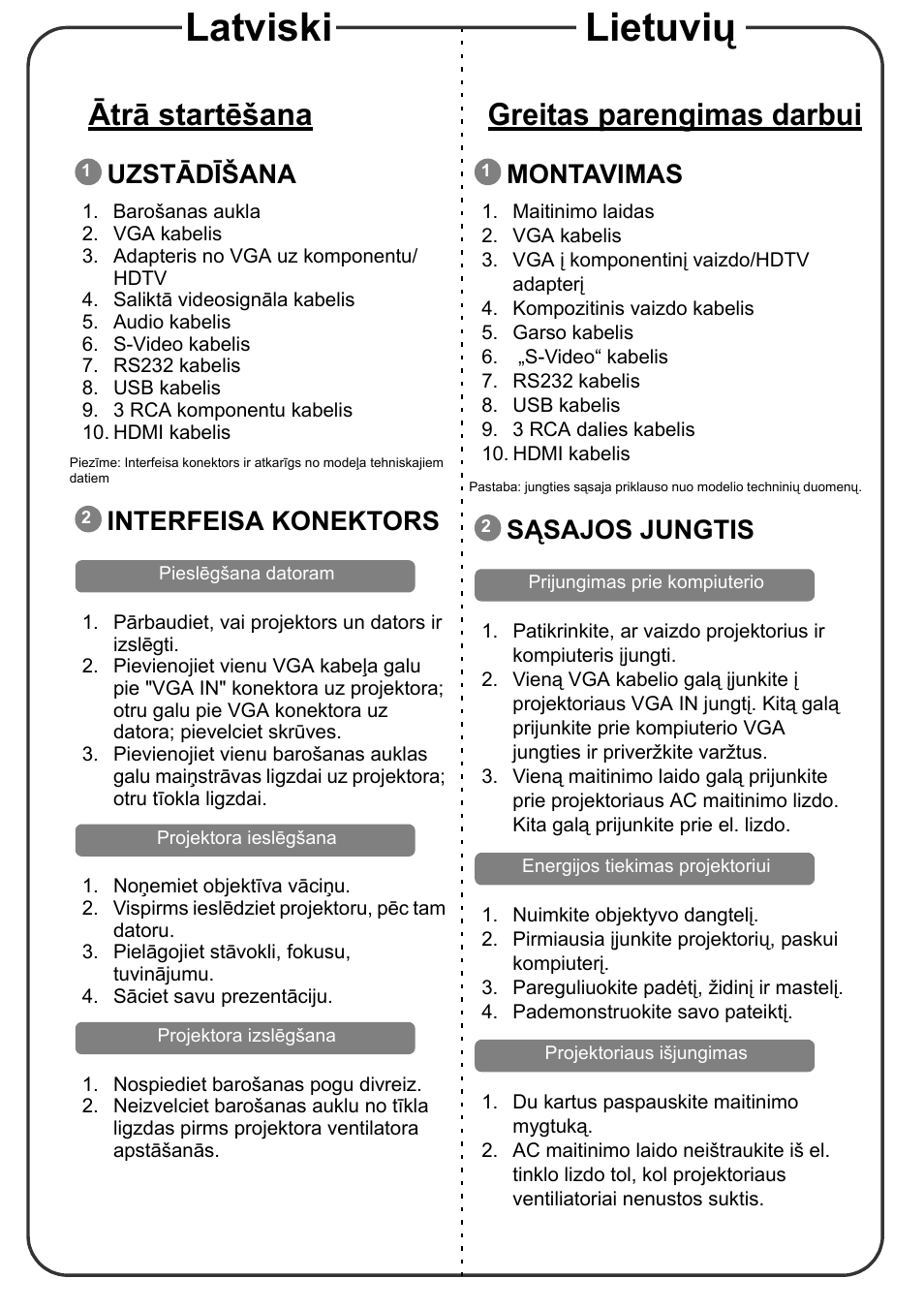 Latviski lietuvių, Ātrā startēšana, Greitas parengimas darbui | Uzstādīšana, Interfeisa konektors, Montavimas, Sąsajos jungtis | Acer X1311KW User Manual | Page 13 / 20
