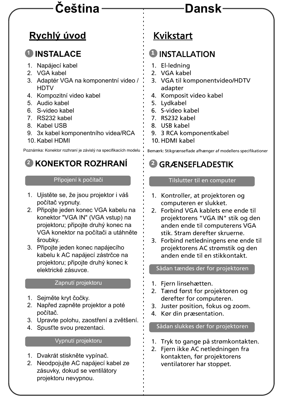 Čeština dansk, Rychlý úvod, Kvikstart | Instalace, Konektor rozhraní, Installation, Grænsefladestik | Acer X1311KW User Manual | Page 3 / 20