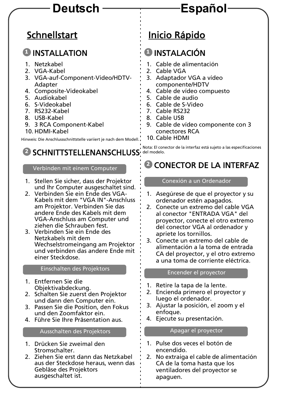 Deutsch español, Schnellstart, Inicio rápido | Installation, Schnittstellenanschluss, Instalación, Conector de la interfaz | Acer X1311KW User Manual | Page 4 / 20