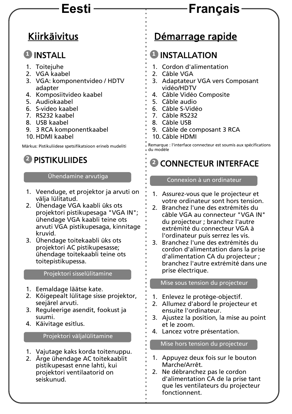 Eesti français, Kiirkäivitus, Démarrage rapide | Install, Pistikuliides, Installation, Connecteur interface | Acer X1311KW User Manual | Page 5 / 20