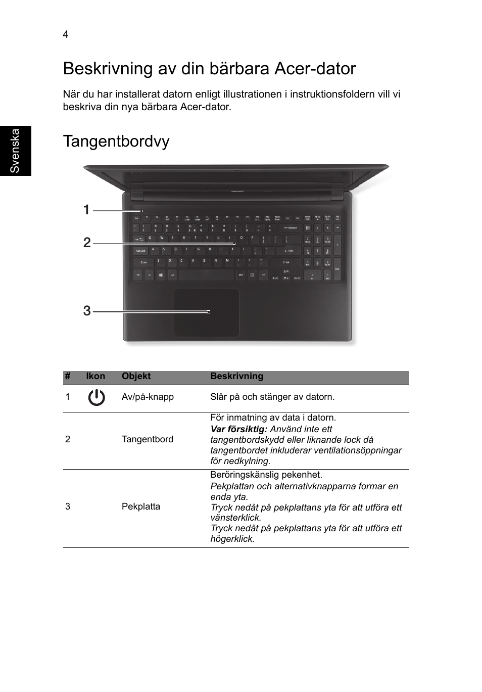 Beskrivning av din bärbara acer-dator, Tangentbordvy | Acer Aspire V5-571G User Manual | Page 100 / 306