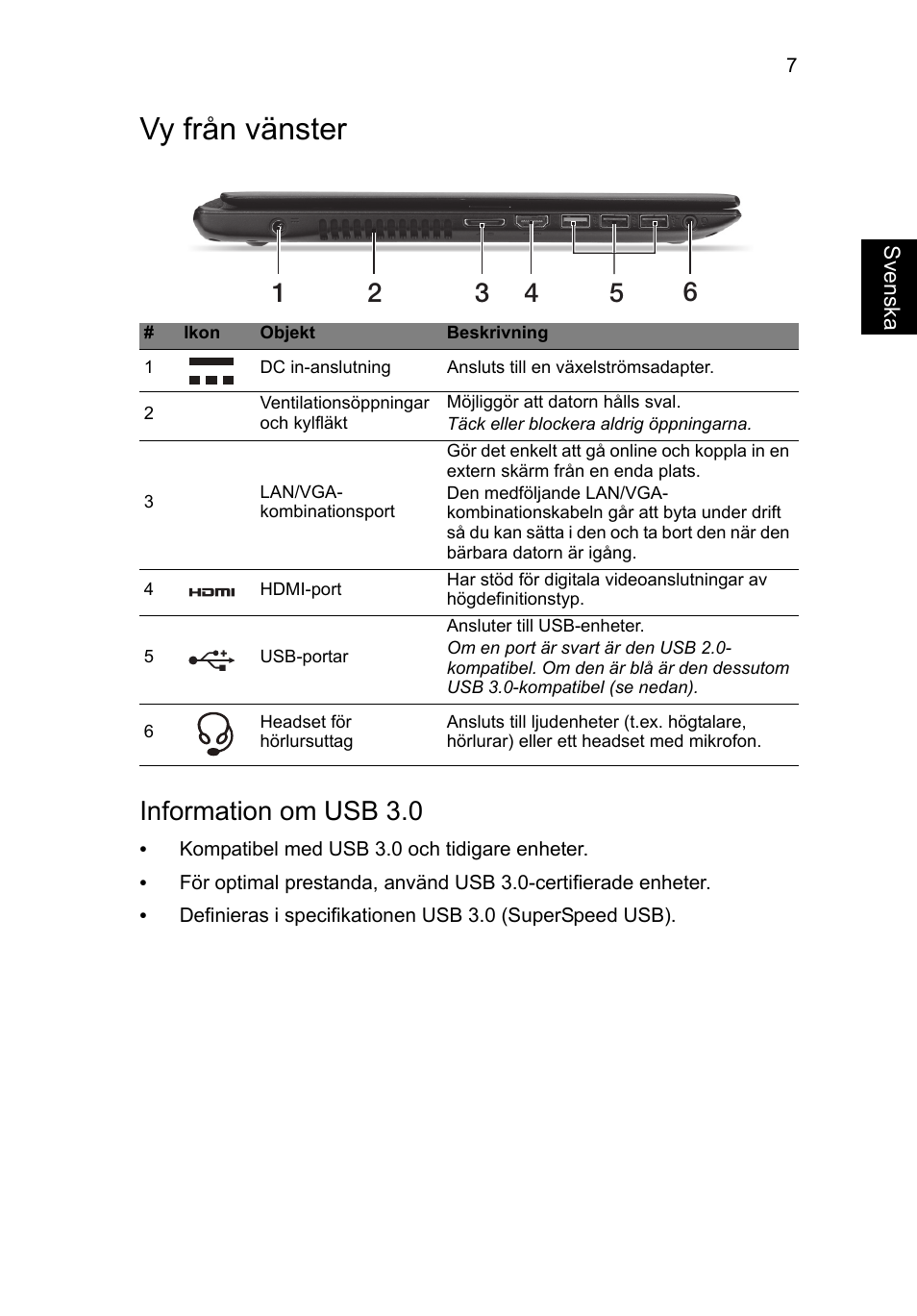 Vy från vänster, Information om usb 3.0 | Acer Aspire V5-571G User Manual | Page 103 / 306