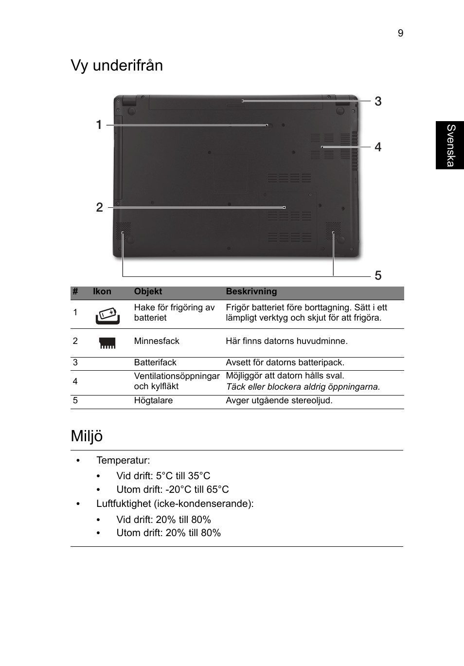 Vy underifrån, Miljö, Vy underifrån miljö | Acer Aspire V5-571G User Manual | Page 105 / 306