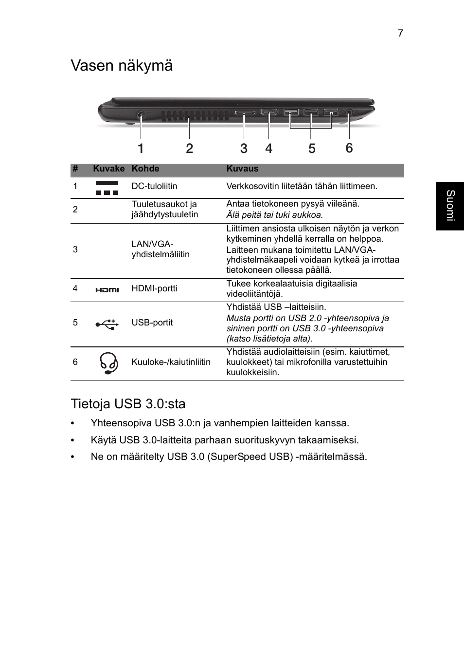 Vasen näkymä, Tietoja usb 3.0:sta | Acer Aspire V5-571G User Manual | Page 113 / 306