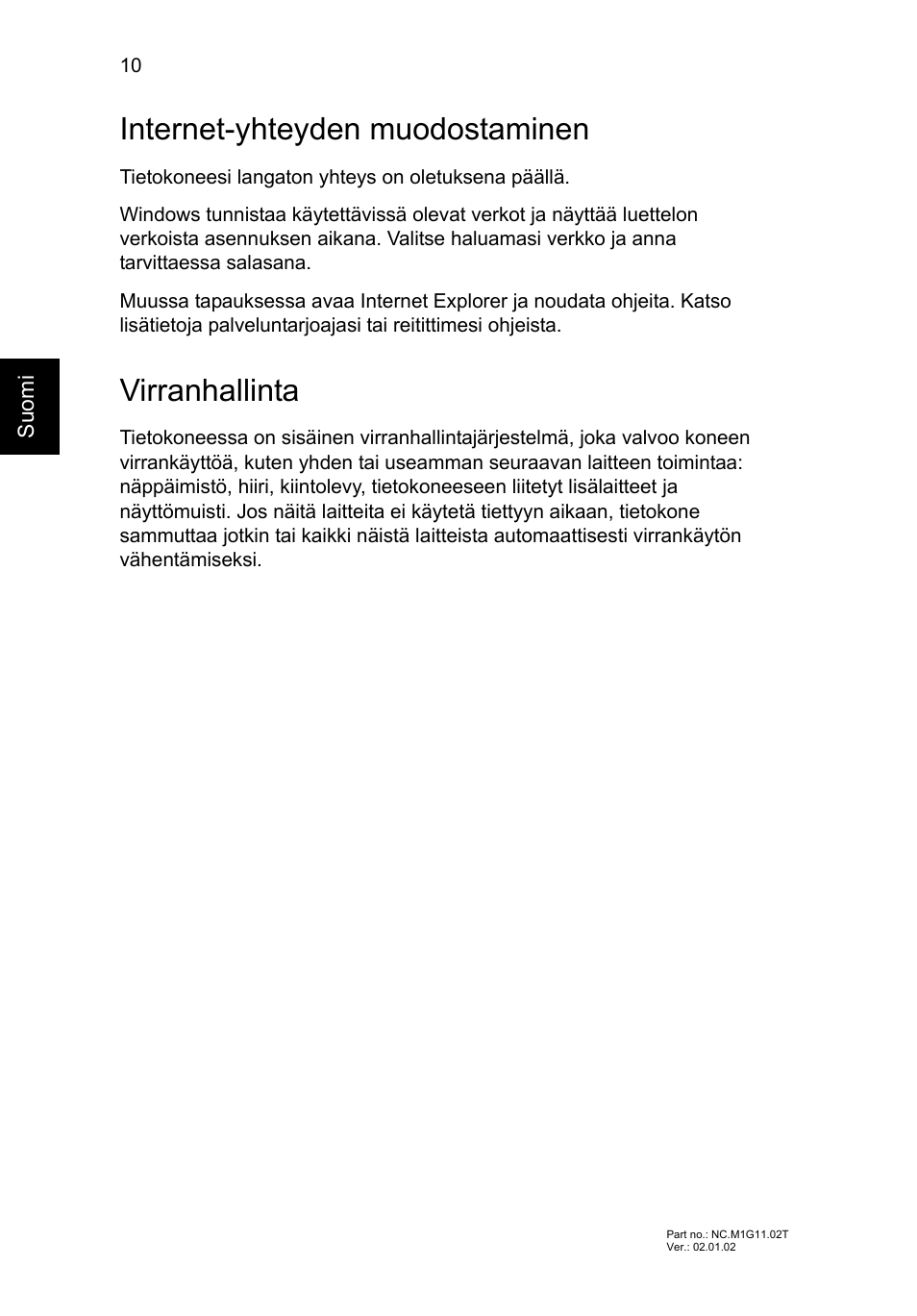 Internet-yhteyden muodostaminen, Virranhallinta | Acer Aspire V5-571G User Manual | Page 116 / 306