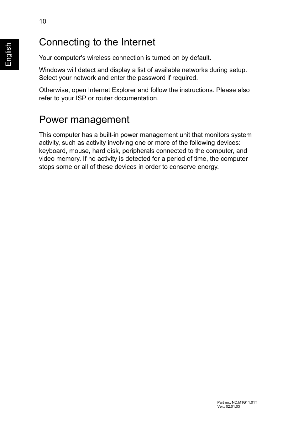 Connecting to the internet, Power management | Acer Aspire V5-571G User Manual | Page 12 / 306