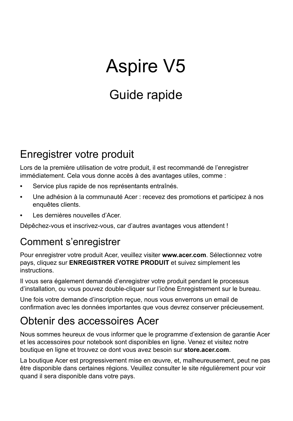 Français, Enregistrer votre produit, Comment s’enregistrer | Obtenir des accessoires acer, Aspire v5, Guide rapide | Acer Aspire V5-571G User Manual | Page 13 / 306