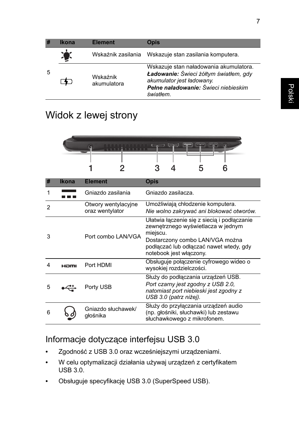 Widok z lewej strony, Informacje dotyczące interfejsu usb 3.0 | Acer Aspire V5-571G User Manual | Page 133 / 306