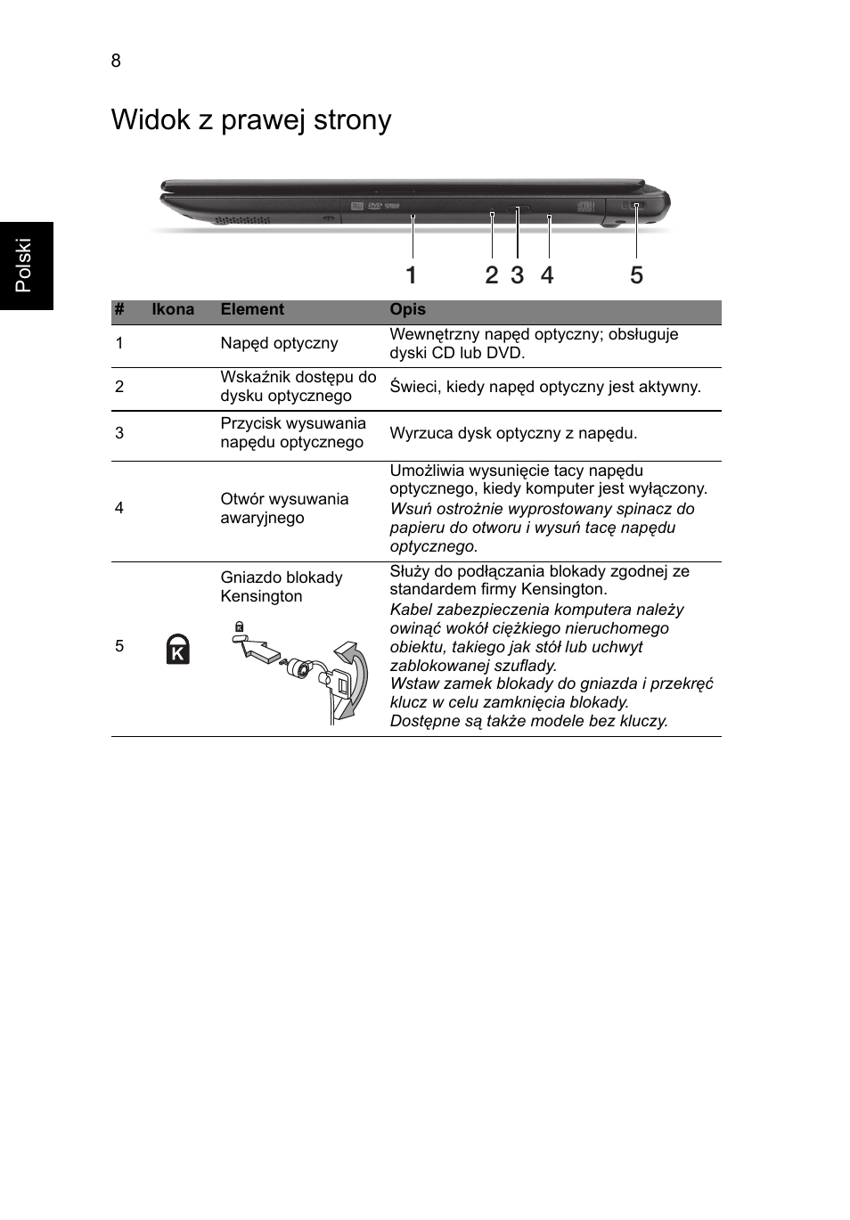 Widok z prawej strony | Acer Aspire V5-571G User Manual | Page 134 / 306