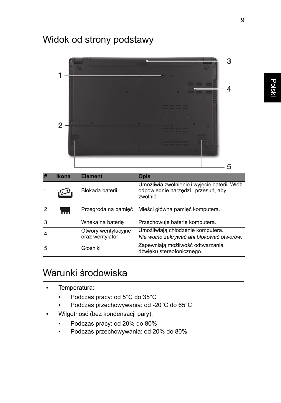 Widok od strony podstawy, Warunki środowiska, Widok od strony podstawy warunki środowiska | Acer Aspire V5-571G User Manual | Page 135 / 306