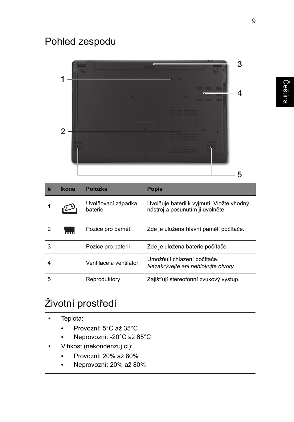 Pohled zespodu, Životní prostředí, Pohled zespodu životní prostředí | Acer Aspire V5-571G User Manual | Page 155 / 306