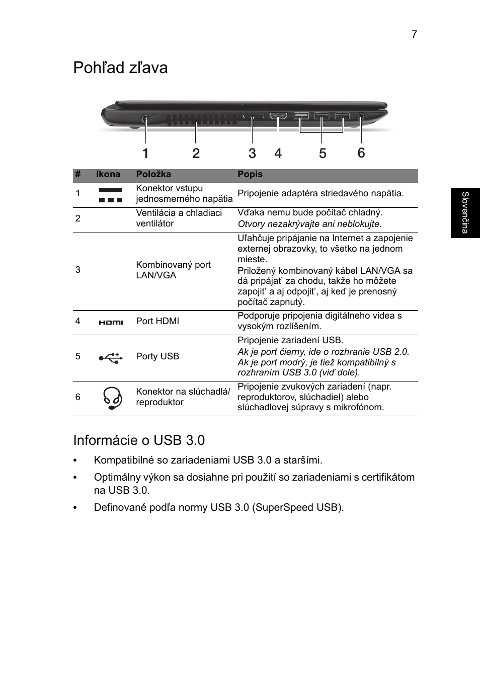 Pohľad zľava, Informácie o usb 3.0 | Acer Aspire V5-571G User Manual | Page 163 / 306