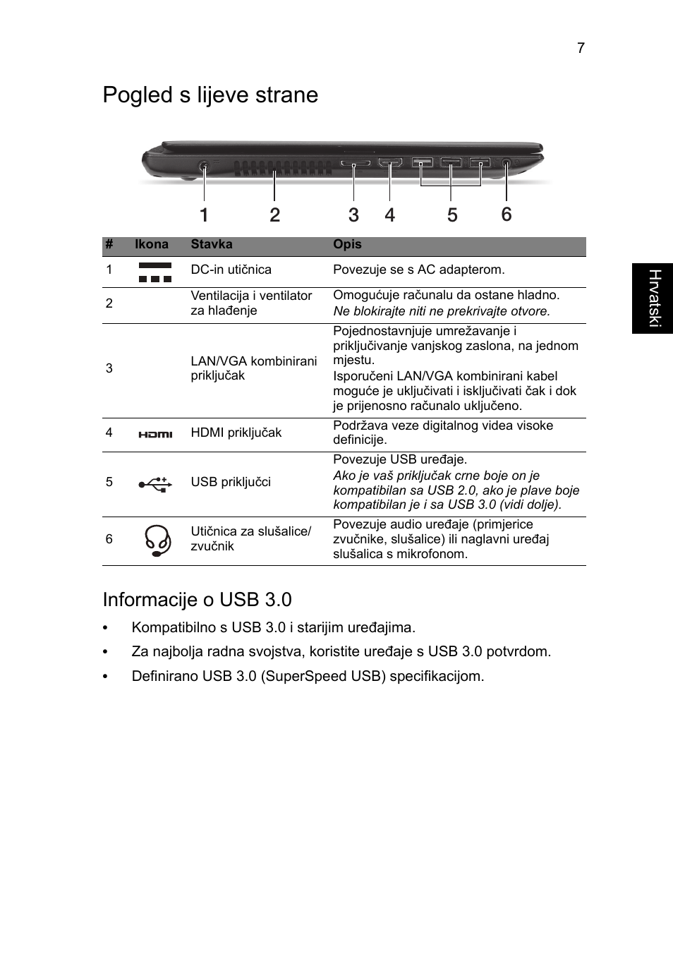 Pogled s lijeve strane, Informacije o usb 3.0 | Acer Aspire V5-571G User Manual | Page 183 / 306