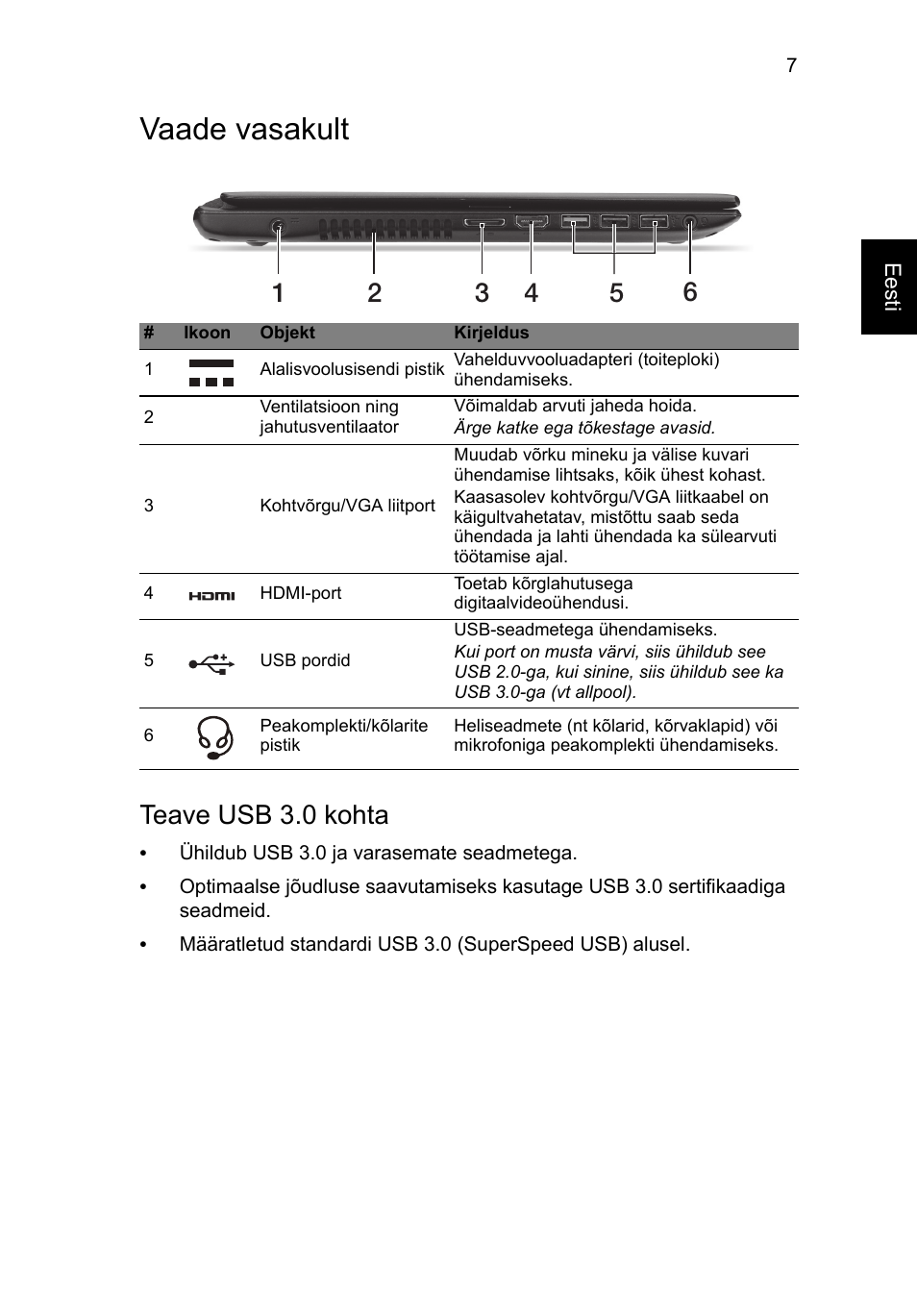 Vaade vasakult, Teave usb 3.0 kohta | Acer Aspire V5-571G User Manual | Page 213 / 306