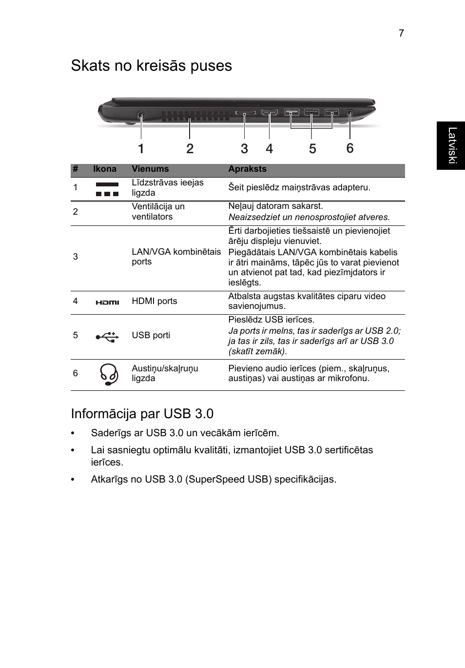 Skats no kreisās puses, Informācija par usb 3.0 | Acer Aspire V5-571G User Manual | Page 223 / 306