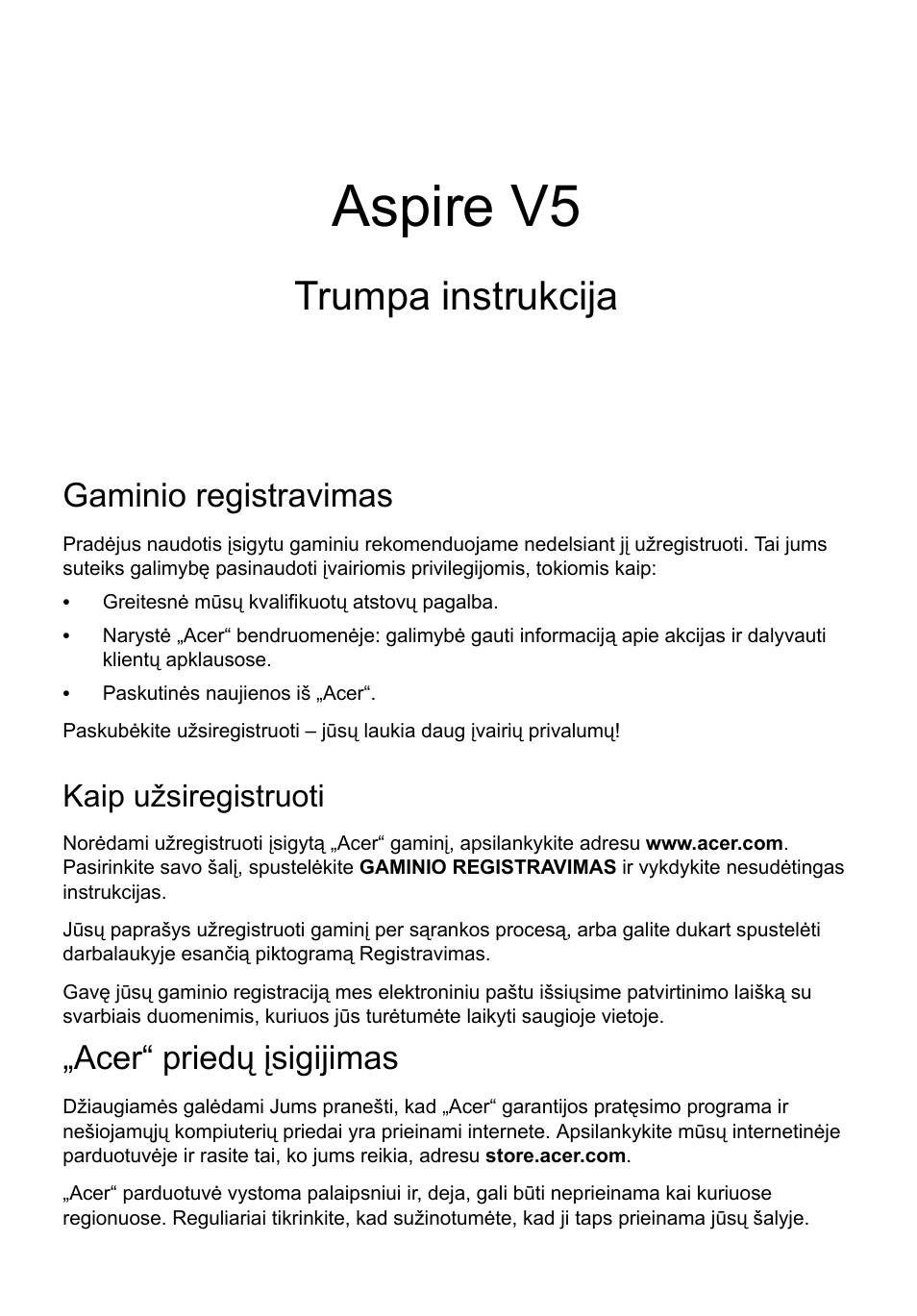 Lietuviškai, Gaminio registravimas, Kaip užsiregistruoti | Acer“ priedų įsigijimas, Aspire v5, Trumpa instrukcija | Acer Aspire V5-571G User Manual | Page 227 / 306