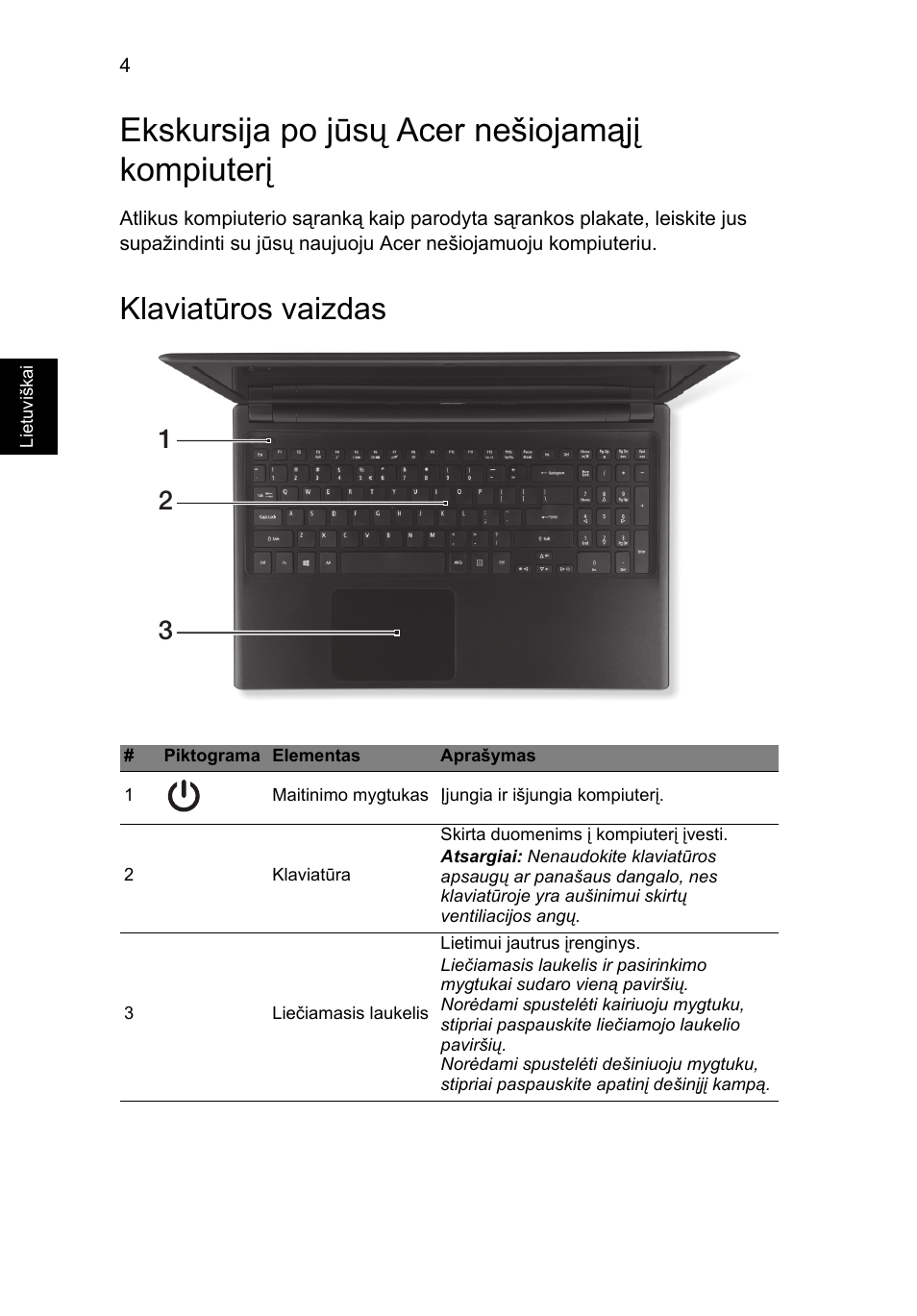 Ekskursija po jūsų acer nešiojamąjį kompiuterį, Klaviatūros vaizdas | Acer Aspire V5-571G User Manual | Page 230 / 306